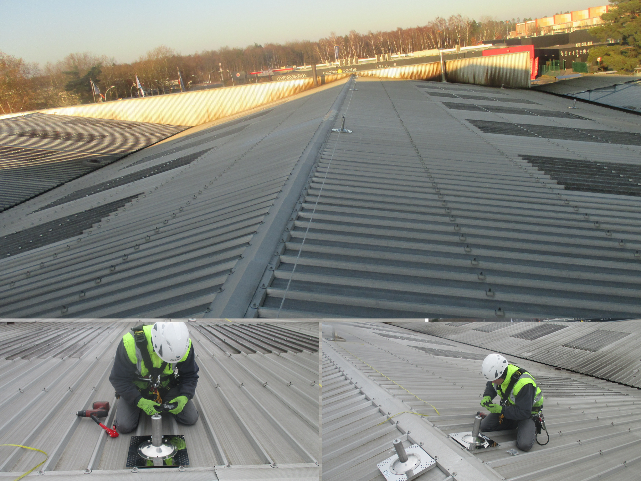 Couvreurs travaillant sur toiture bac acier industrielle